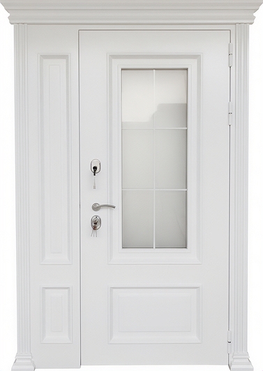 Входная белая термодверь с боковой вставкой, стеклом, карнизом и металлобагетом (полимерная покраска и МДФ RAL) Входная белая термодверь с боковой вставкой, стеклом, карнизом и металлобагетом (полимерная покраска и МДФ RAL)
