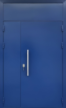 Стальная полуторастворчатая дверь с фрамугой, ручкой-скобой и покраской синего цвета Стальная полуторастворчатая дверь с фрамугой, ручкой-скобой и покраской синего цвета